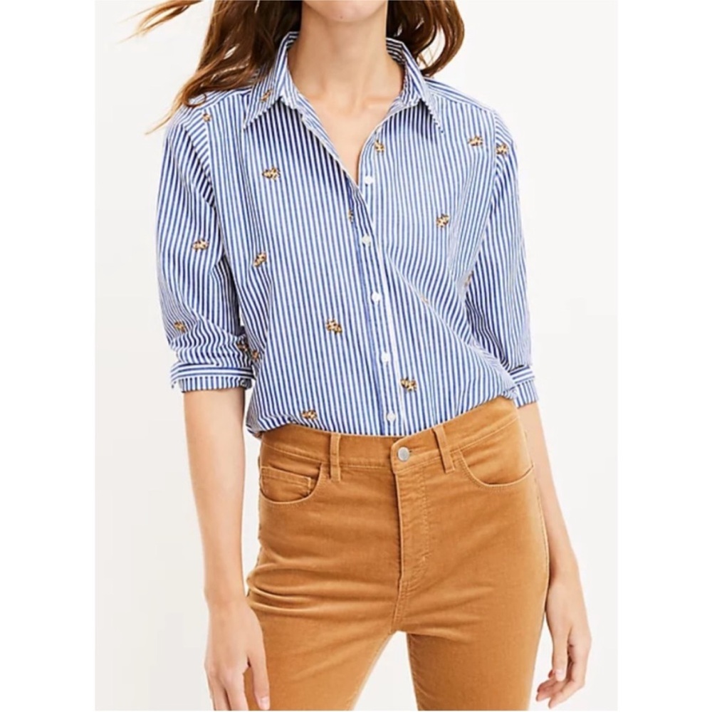 LOFT Blue Striped Button Down Shirt with dog Embroidery